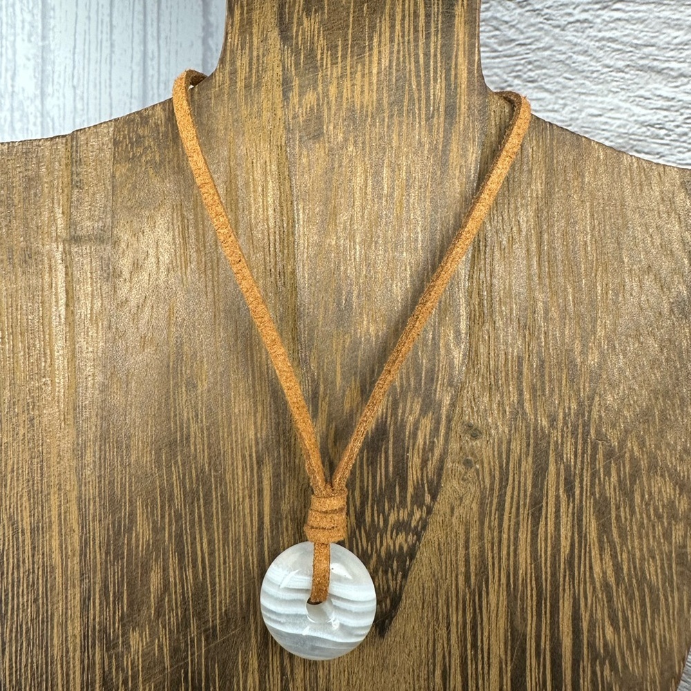 Small Banded White Agate Donut Pendant Necklace on Brown Suede - Picture 5 of 14